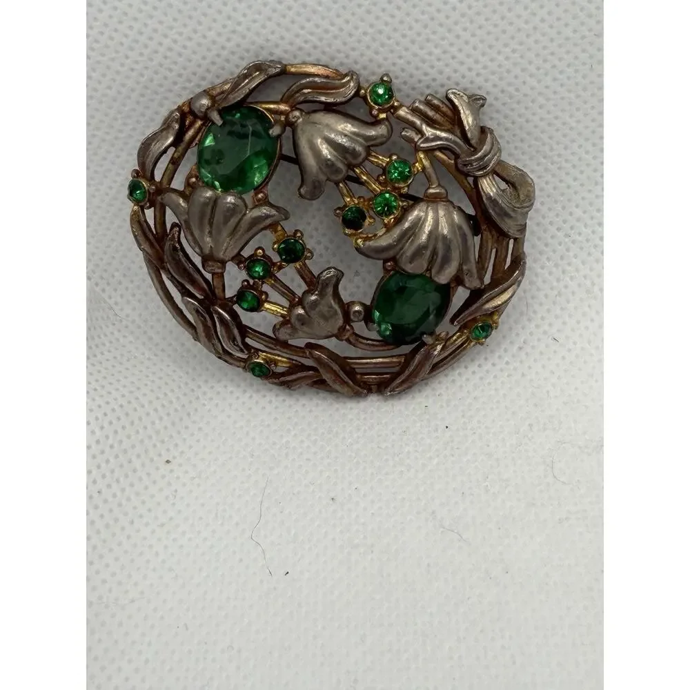 Gorgeous Silver Tone Antique Brooch, Art Nouveau Flowers W/ Green Gemstones